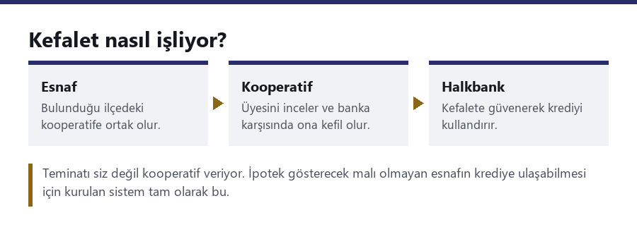 Kefalet sisteminin işleyişini gösteren şema: esnaf kooperatife ortak olur, kooperatif bankaya kefil olur, Halkbank krediyi kullandırır.