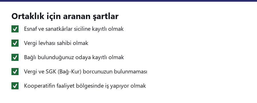 Kooperatife ortaklık için aranan şartların listesi.